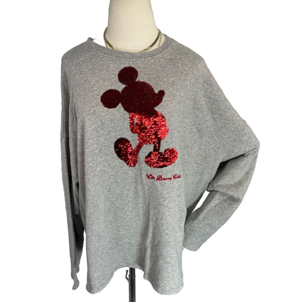 Women’s Disney World Parks Gray Mickey Mouse Sweatshirt Women XL Red Sequin Flip